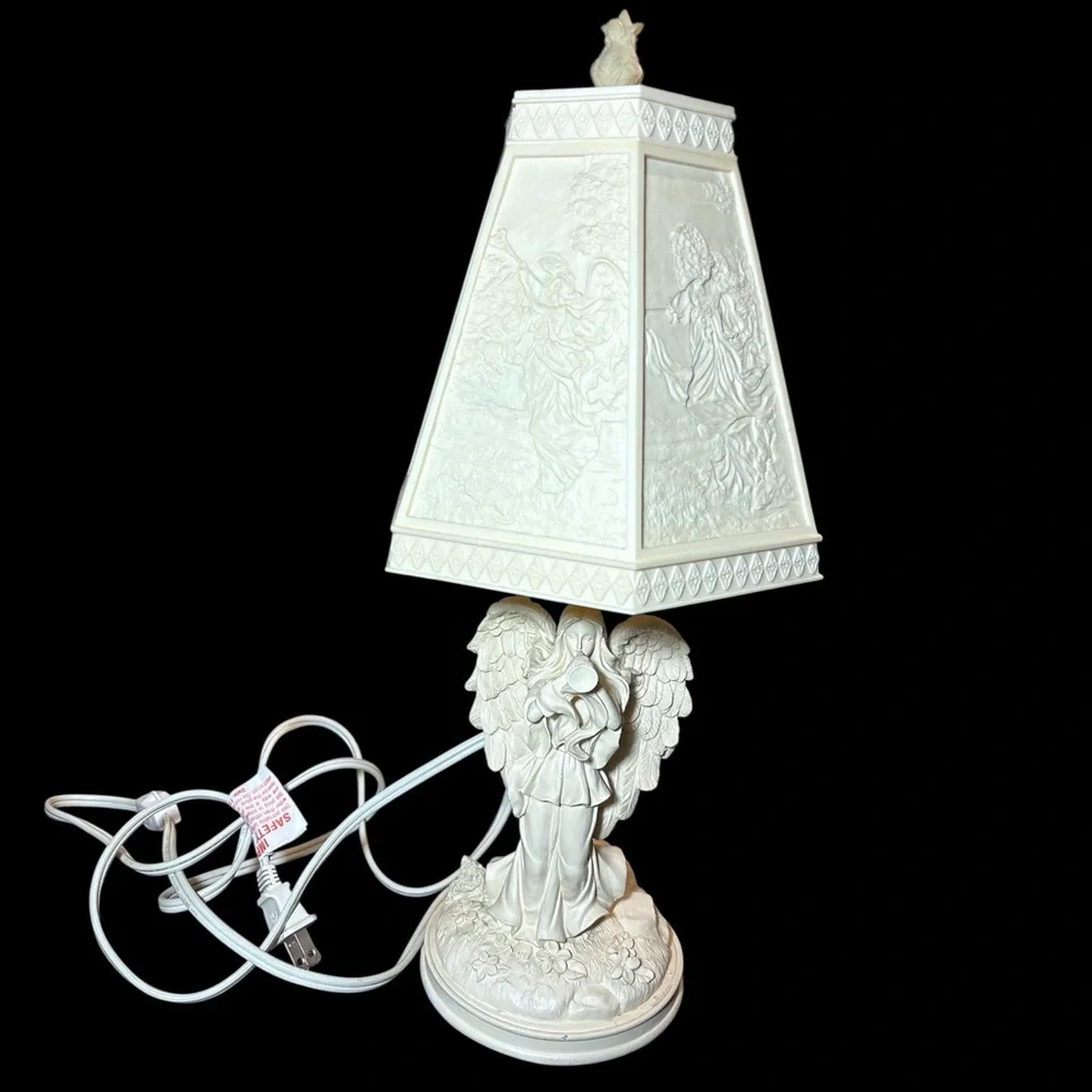 Vintage Angel Table Lamp Cream White Relief Shade Cherub Base Cottage Decor